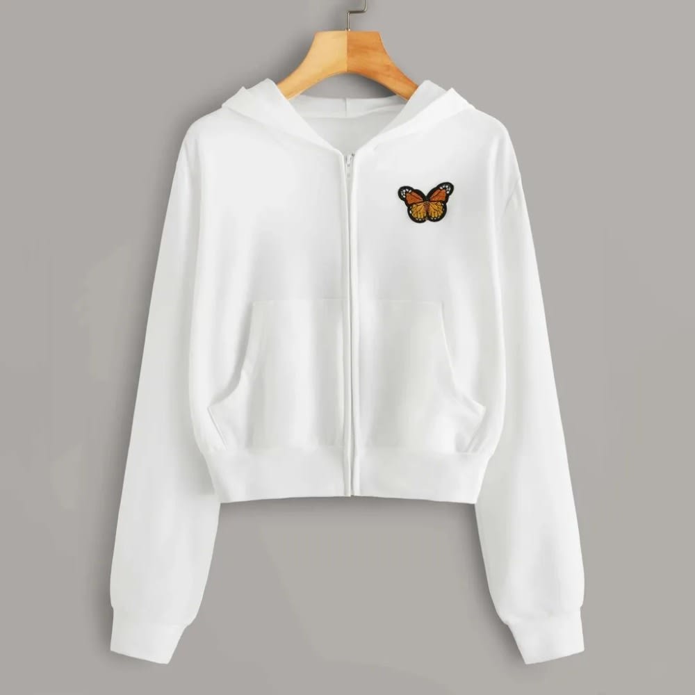 Women's Solid Color Zip Up Hoodie with Butterfly Embroidery